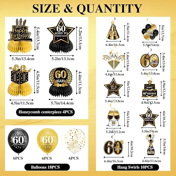 60th Birthday Decorations for Men Women | Pre-Strung Black Gold Happy Birthday - Image 7