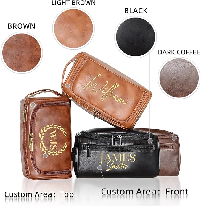 Personalized Toiletry Bag for Men, Engraved Name Initials Toiletry Bag, Customized Monogram Travel Shaving Dopp Kit for Groomsmen, Gift for Christmas, Birthday, Dad, Husband (Black)