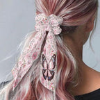 Butterfly Bow Hair Ties for Women Floral Pack of 2 Fashion Satin Hair Ties for Thin Hair Pink Aesthetic Scrunchies with Knot No Damage Ponytail Decor Band