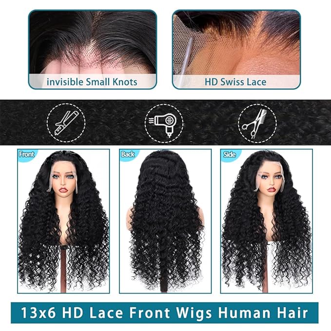 SOSATISFY 13x6 Deep Wave Lace Front Wigs Human Hair 200% Density Deep Wave Frontal Wigs HD Lace Curly Wigs for Black Women Pre Plucked with Baby Hair Curly Lace Front Wig Human Hair 20 Inch