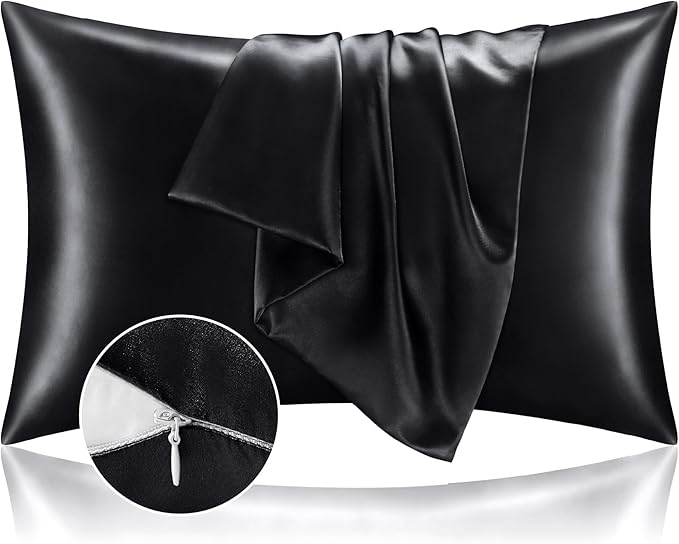BEDELITE Satin Pillowcase with Zipper, Black King Size Pillow Cases Set of 2, Super Soft and Cooling Similar to Silk Pillow Cases, Gift for Women Men(20x36 Inches)