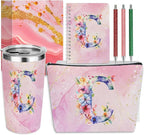 Personalized Gifts Monogrammed Birthday Gifts for Women, Cowerker Wife Sister Wedding Christmas Initial 20 oz Tumbler, Makeup Bag Cup Ballpoint Pens Journal Notebook 6 Set, (Aesthetic Pink Flower C)