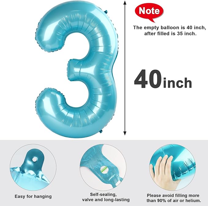 3 Balloon Numbers Birthday Decorations, 40In Pearl Blue Balloons - Image 5