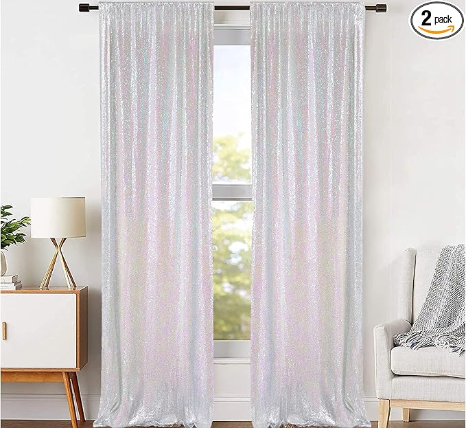 JYFLZQ White Iridescent Sequin Backdrop Curtains 2ft x 8ft 2 Panel Glitter by JYFLZQ