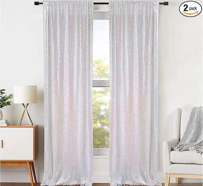 JYFLZQ White Iridescent Sequin Backdrop Curtains 2ft x 8ft 2 Panel Glitter by JYFLZQ