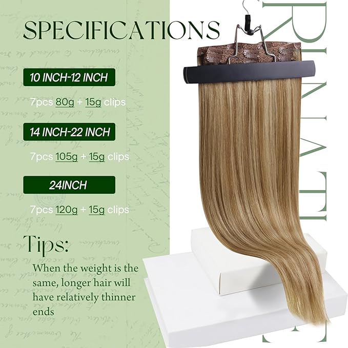 RUNATURE Real Hair Extensions Clip in Human Hair, 24 Inch Clip in Hair Extensions Real Human Hair, Long Remy Natural Hair for Women Easy Styling 135g 7pcs #10P16 Dark Blonde HIghlight Caramel Blonde