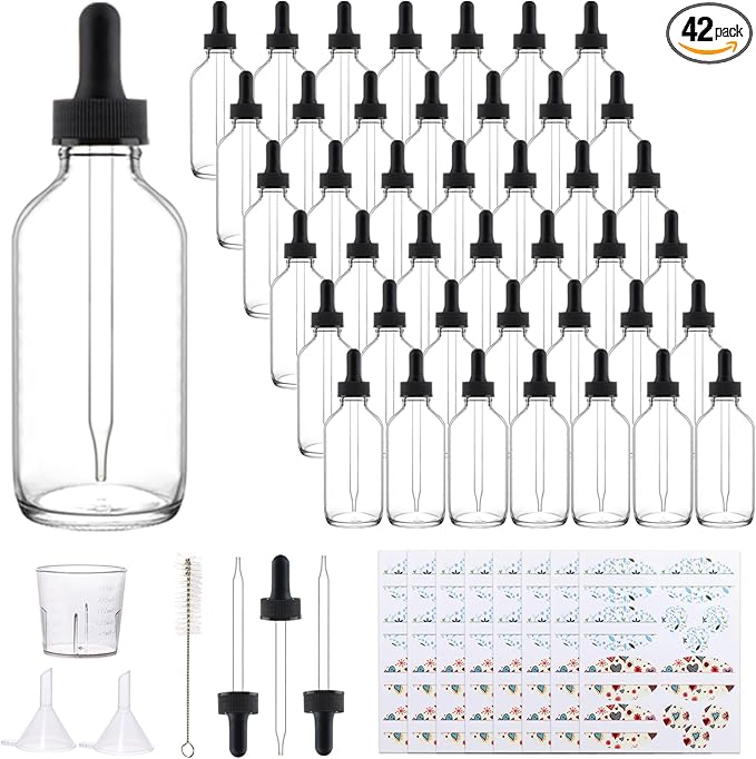 42 Pack 4oz Clear Glass Bottles with Glass Eye Droppers for Essential Oils, Perfumes & Lab Chemicals (Brush, Funnels, 3 Extra Droppers, 48 Pieces Labels & 30ml Measuring Cup Included)