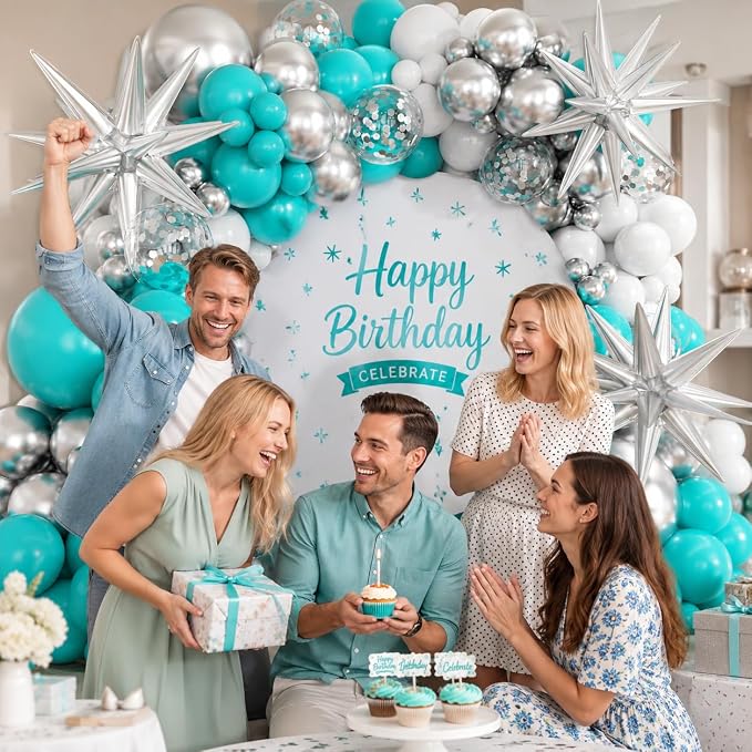 Teal Metallic Silver White Balloons Garland Arch Kit - Image 6