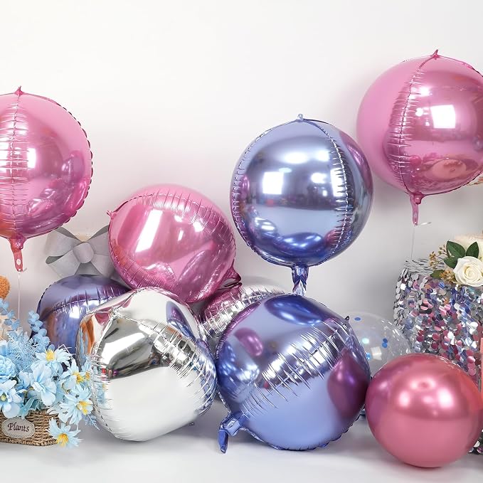 Pink Purple Silver Round Foil Balloons 9 pcs, Metallic Giant 4D Round Balloons - Image 3