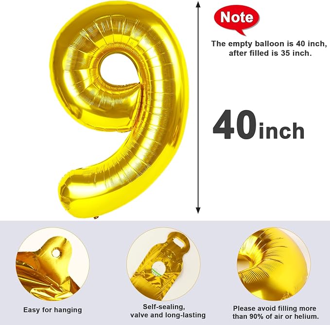 Number Balloon Gold Number 9 for 9 19 Birthday Party Decorations, 40 Inch | - Image 6
