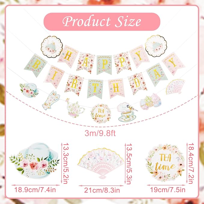 SUNBEAUTY Floral Tea Party Birthday Decorations Tea Happy Birthday Banner - Image 3