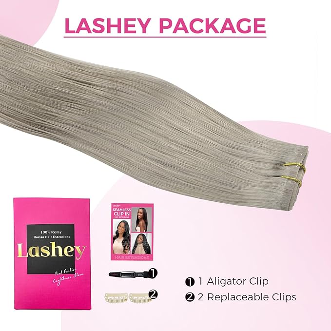 Lashey Seamless Clip in Hair Extensions Human Hair 4pcs 48g Grey Straight Hair Extensions Clip ins for Black Women 20 Inch Long