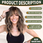 Brown Wig with Bangs,Brown Highlight Synthetic Shoulder Length Curly Wavy Wigs for Women Party Daily Use 18IN
