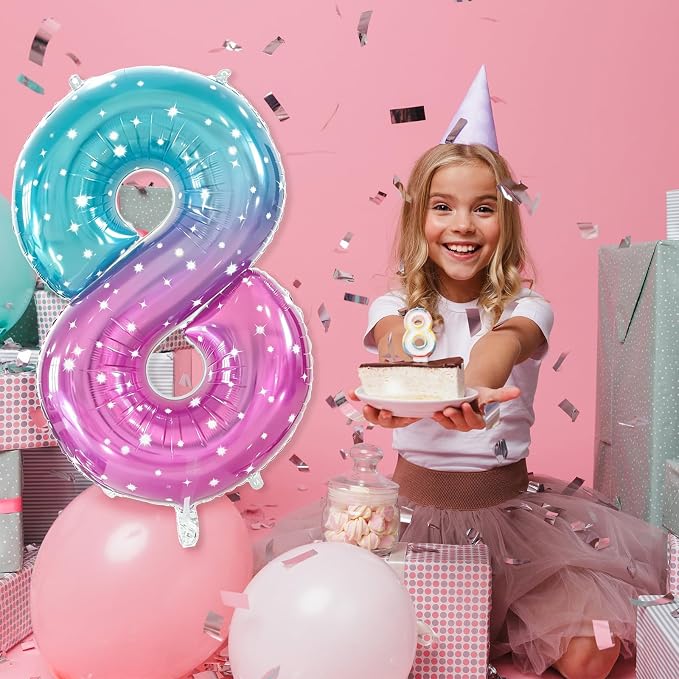Number 8 Foil Balloon with Crown, 40-Inch Gradient | Gradient star print number - Image 3