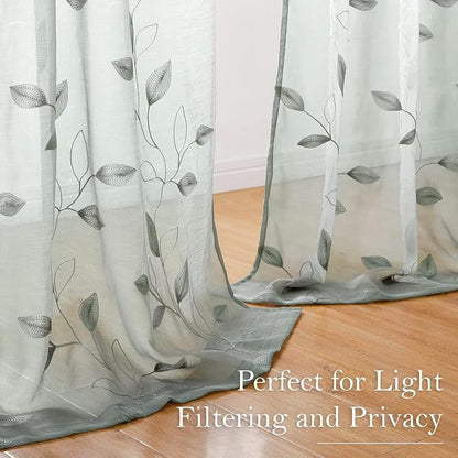 HOMEIDEAS Sage Green Sheer Curtains 52 X 84 Inches Long 2 Panels Embroidered - Image 7