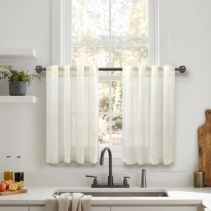 Pitalk Cream Linen Semi Sheer Curtains 34 x 36 Inch Length 2 Panels Lightweight - Image 3