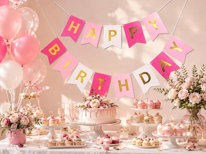 Letjolt Pink Rose White Happy Birthday Banner - Image 3