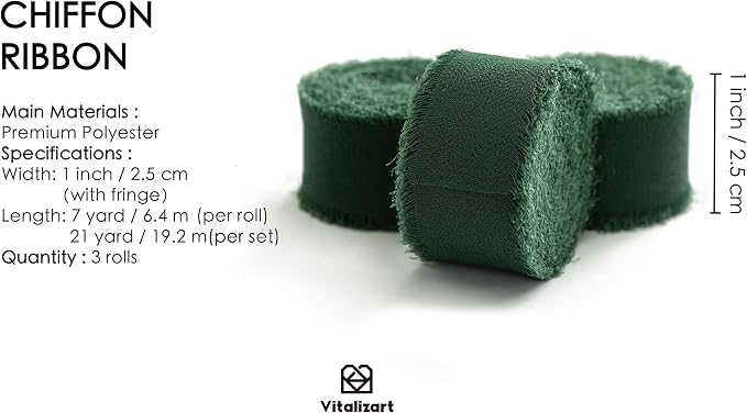 Vitalizart Dark Green Chiffon Silk Ribbon 1" x 21 Yd Handmade Frayed Fringe | - Image 2