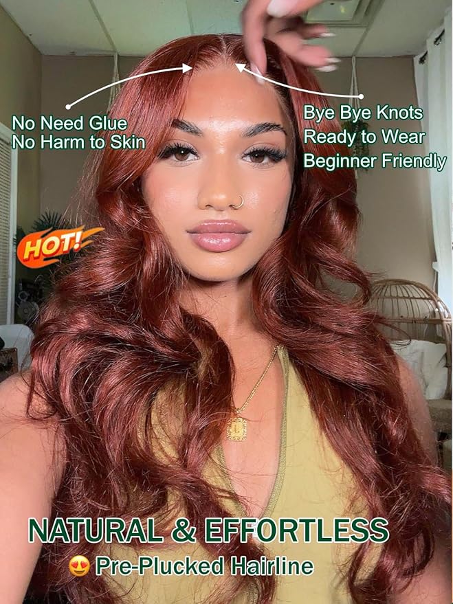 KLAIYI Bye Bye Knots Glueless Wig Reddish Brown Body Wave 7x5 Pre Cut HD Lace Front Wigs Human Hair Put On And Go Wig Pre Bleached Pre Plucked with Baby Hair 30S Ready To Wear 150% Density Full 14Inch