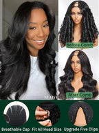 KLAIYI EasiContour V Part Wig Human Hair Body Wave Glueless Upgrade U Part Wig No Leave Out No Gel Clip in Half Wig V Shape Pull and Go Beginner Friendly Ready to Wear Natural Black Color 150% 18Inch