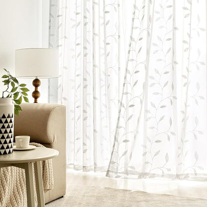 MIULEE White Sheer Curtains 2 Panels Embroidered Leaf Patterned, W52 x L54 | - Image 3