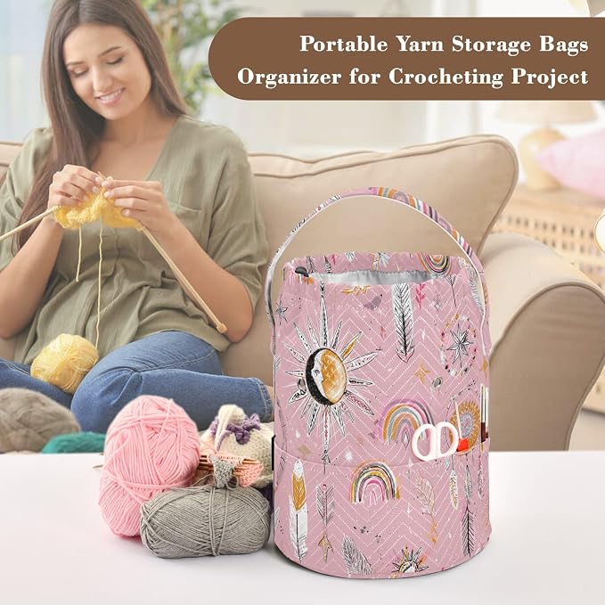 Pink Boho Rainbows Suns Feathers Arrows Yarn Bag Small Crochet Bag Drawstring - Image 4