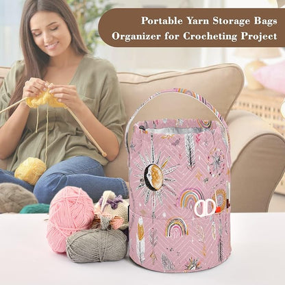 Pink Boho Rainbows Suns Feathers Arrows Yarn Bag Small Crochet Bag Drawstring - Image 4
