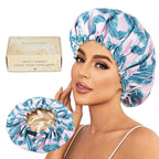 Large Shower Caps for Women Reusable Waterproof Satin Lined Shower Cap with Adjustable Band Double Layer Design Luxury Washable Bath Hair Bonnet (Pink Palm)