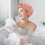Reusable Shower Cap for Women, Stylish Large Waterproof Shower Bonnet Washable Wide Elastic Band Hair Cap for Long Hair, Braids Bath Hat(Blush Pink)