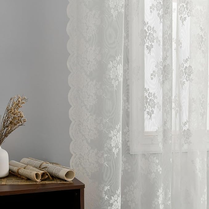 Kotile Ivory Lace Curtains for Kitchen Windows W52 x L36 Inch, 2 Panels | Rod - Image 9