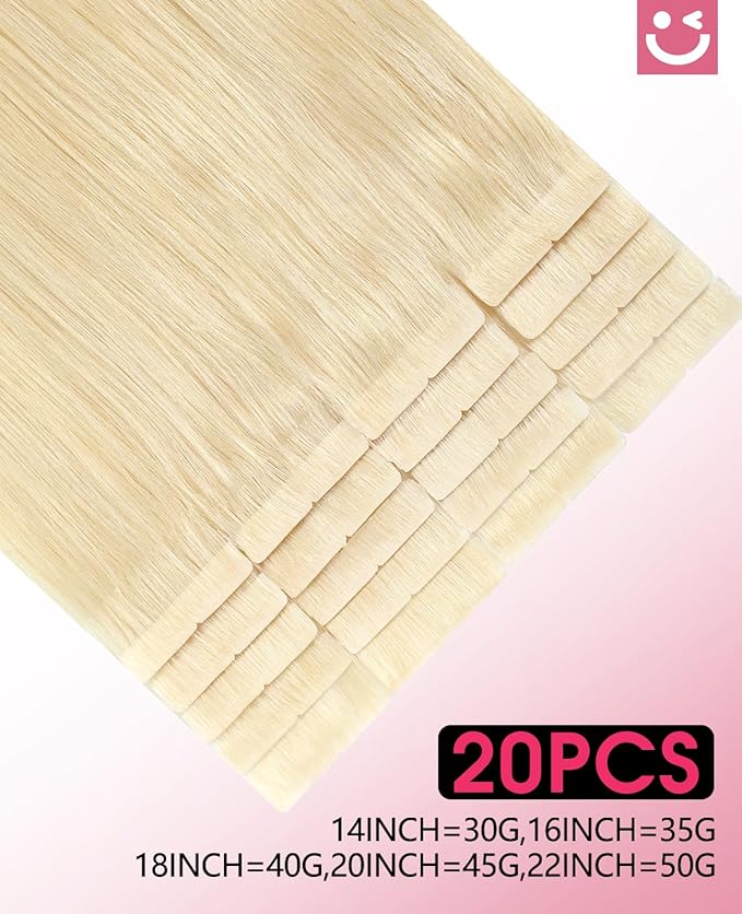 Youngsmile Injection Tape in Hair Extensions Human Hair #60 Platinum Blonde Invisi Edge Extensions 20pcs 45g 20 Inch Injected Tape in Hair Extensions Real Human Hair (#60,20'')