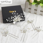 Wedding Hair Pins - Elegant Pearl Leaf Crystal Hair Accessories for Bridal Women (Silver)