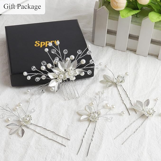 Wedding Hair Pins - Elegant Pearl Leaf Crystal Hair Accessories for Bridal Women (Silver)