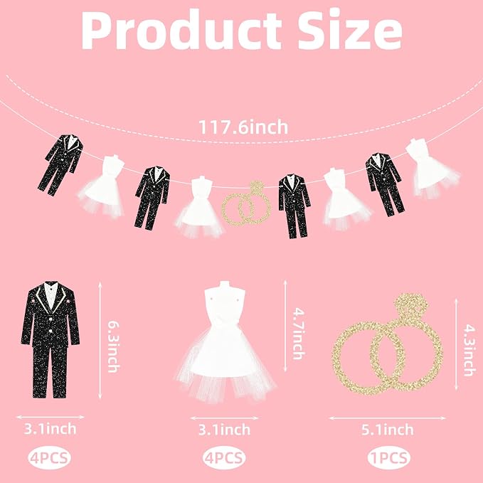 Bride and Groom Wedding Dress Garland Banner, 9.8 Ft Hanging Tuxedo and Gown - Image 2