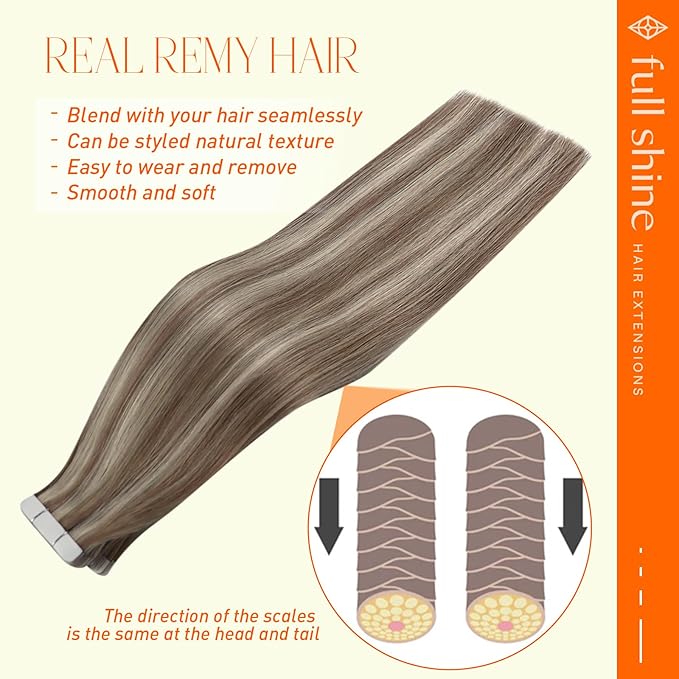 Full Shine Tape in Hair Extensions Human Hair Color 8 Ash Brown and 60 Blonde 14 INCH Highlight Tape in Extensions Natural Seamless Soft Remy Women 50G 20Pcs