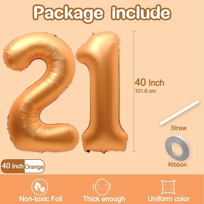 21 Balloon Number, 40 Inch Orange Foil Balloons Giant Jumbo Helium Number 21 or - Image 2