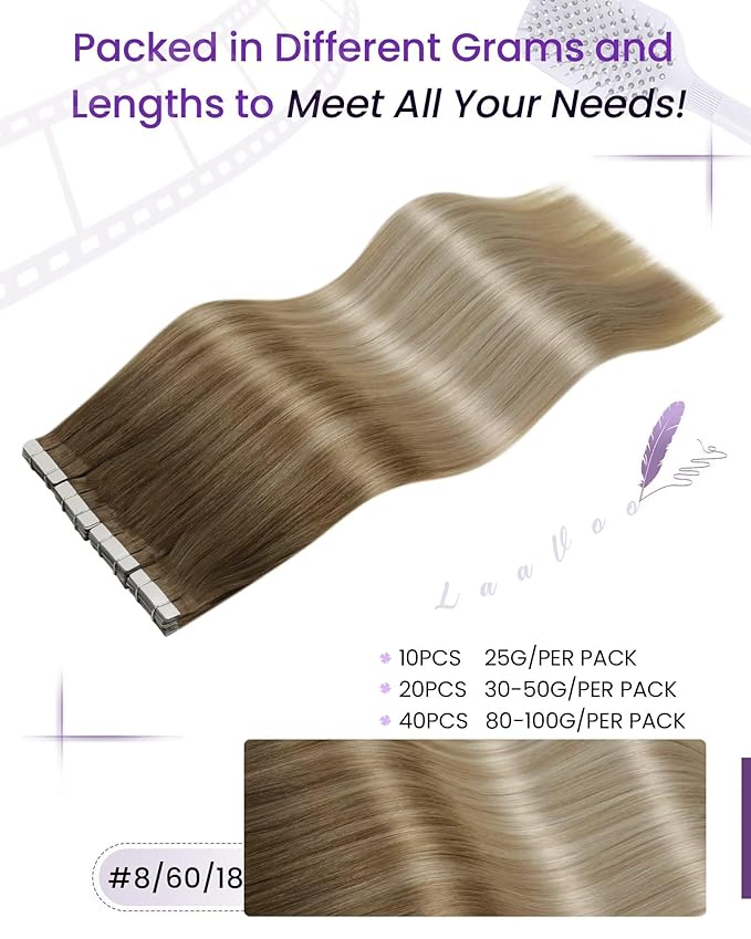 LaaVoo Tape in Extensions Human Hair Ombre Brown to Ash Blonde Hair Extensions Tape in Seamless Tape on Hair Extensions Soft Straight Hair 20inch 50g 20pcs