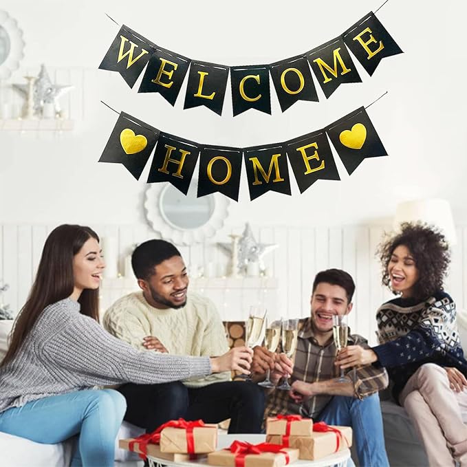 Welcome Home Banner Decorations Glitter Black Bunting Backdrop - Image 3