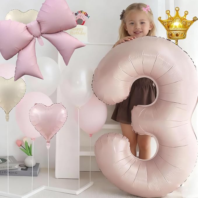 LilyZheng Pastel Pink Number 3 Foil Balloon Set, Baby Pink 3 Balloon & Bow - Image 7