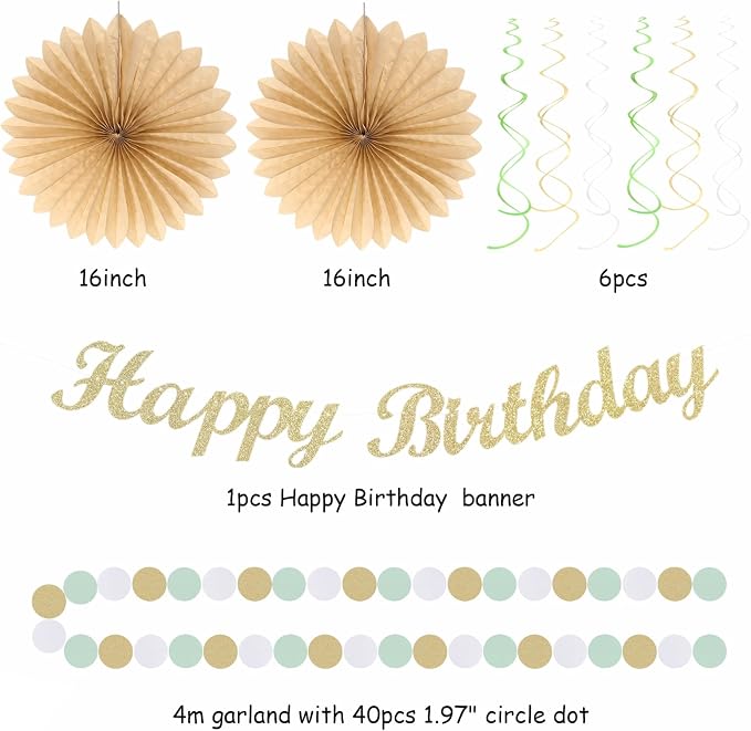 Champagne-Gold White Sage-Green Women Birthday Decorations Huglony | 21pcs Boho - Image 2
