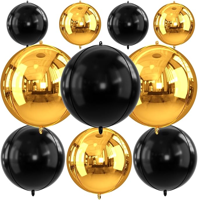 Gold and Black Round Foil Balloons, Metallic Gold Black Foil Baloon by FunHot