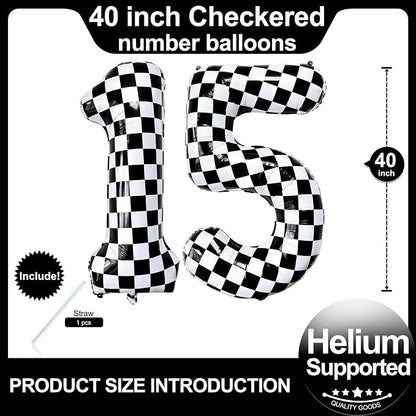 LHOAVWE Number 15 Checkered Balloons 40 Inch Giant Race Car Checkered 15 Number - Image 2
