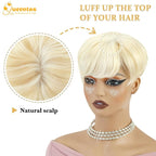 QUEENTAS Short Blonde Hair Toppers for Women with Thinning Hair Piece 360°3D Cover with 5 Clips Wispy Bangs 6.5"*6" Large Coverage Synthetic Hairpieces for Men(Mixed Blonde/#613)