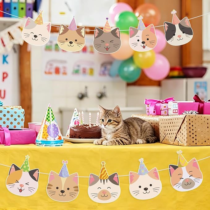 Hooqict Happy Birthday Banner Cat Birthday Decorations Party Banner Garland Sign - Image 9