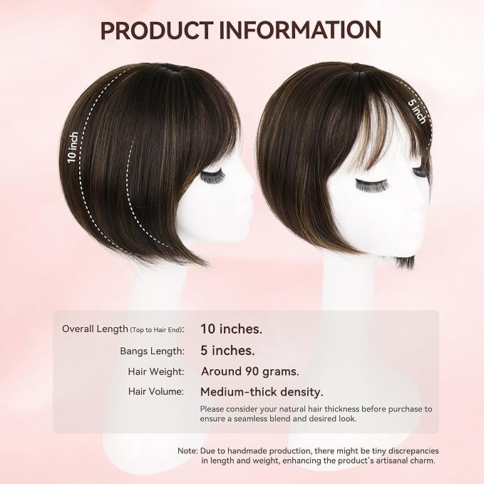 LEEONS Hair Toppers for Women with Bangs Short Bob Synthetic Pieces for Thinning Hair Side Part (Dark Brown with Highlights)