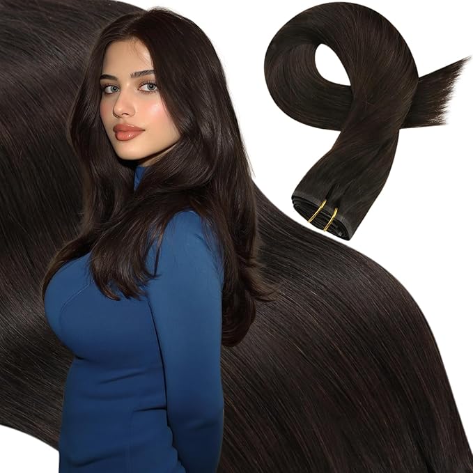 Moresoo Dark Brown Seamless Clip in Hair Extensions Real Human Hair Dark Brown Hair Extensions Clip ins Straight And Thick for Women Natural Human Hair Pu Skin Invisible 135g/7pcs 16 inch