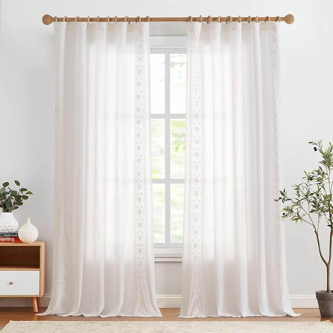 jinchan Floral Linen Curtains Embroidered Back Tab 50x96in 2 Panels White | - Image 3