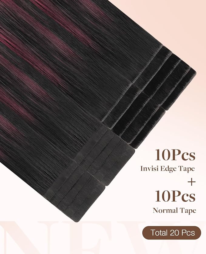GOO GOO Invisi Edge Tape in Hair Extensions Human Hair, 1/99 Balayage Jet Black to Red 10pcs injected with 10pcs classical tape ins, 14inch 50g, Virgin Remy Hair, Natural Look