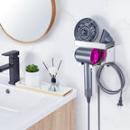 Hair Dryer Holder Wall Mounted, Stainless Steel Blow Dryer Holder for Attachments Storage, Hair Tool Organizer with Plug&Cord Hook, Adhesive Hairdryer Hanger for Bathroom, Silver