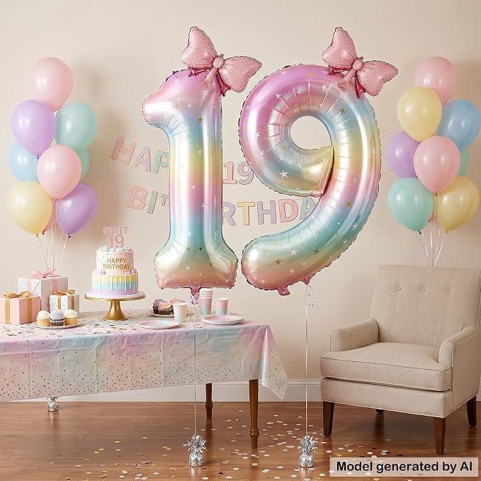 40" Giant Pastel Rainbow Number 19 Balloon Foil Pink Bow Decor Kit | - Image 4
